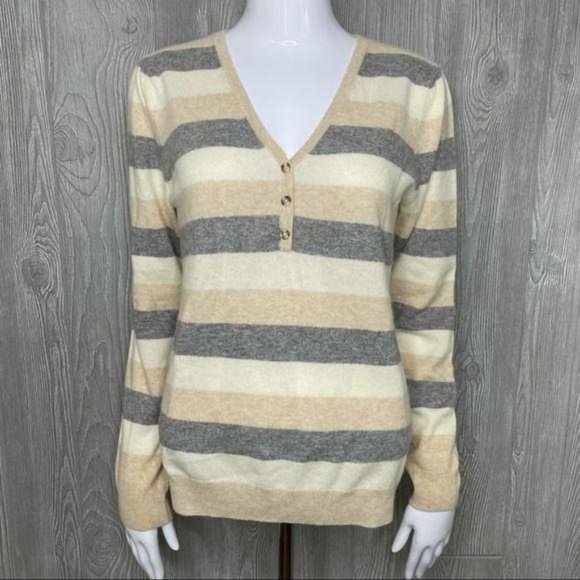 mainbocher pure cashmere sweater quarter button striped long sleeve shirt large - Picture 1 of 5